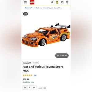 New In Box Lego Fast & Furious Supra MK4 Model Car Building Block Display 42206